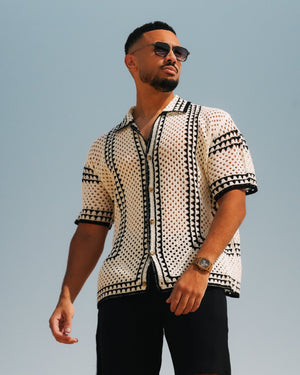 Open-Knit Crochet Shirt with White Geometric Pattern
