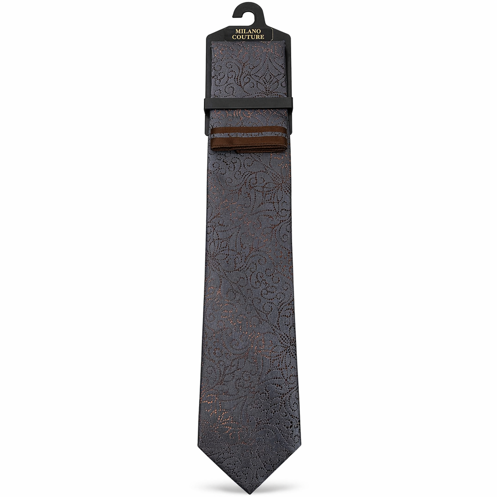 MC Ornate Pattern - Brown Tie & Pocket Square Set