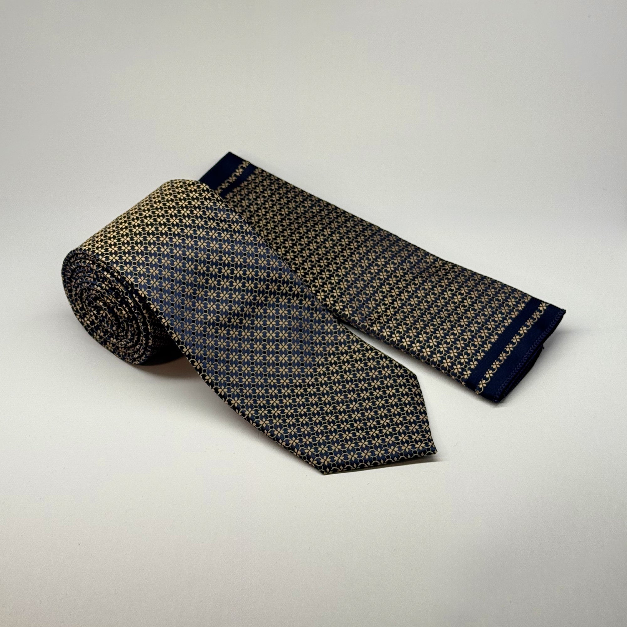 MC Motif - Tie & Pocket Square Set in Navy & Gold