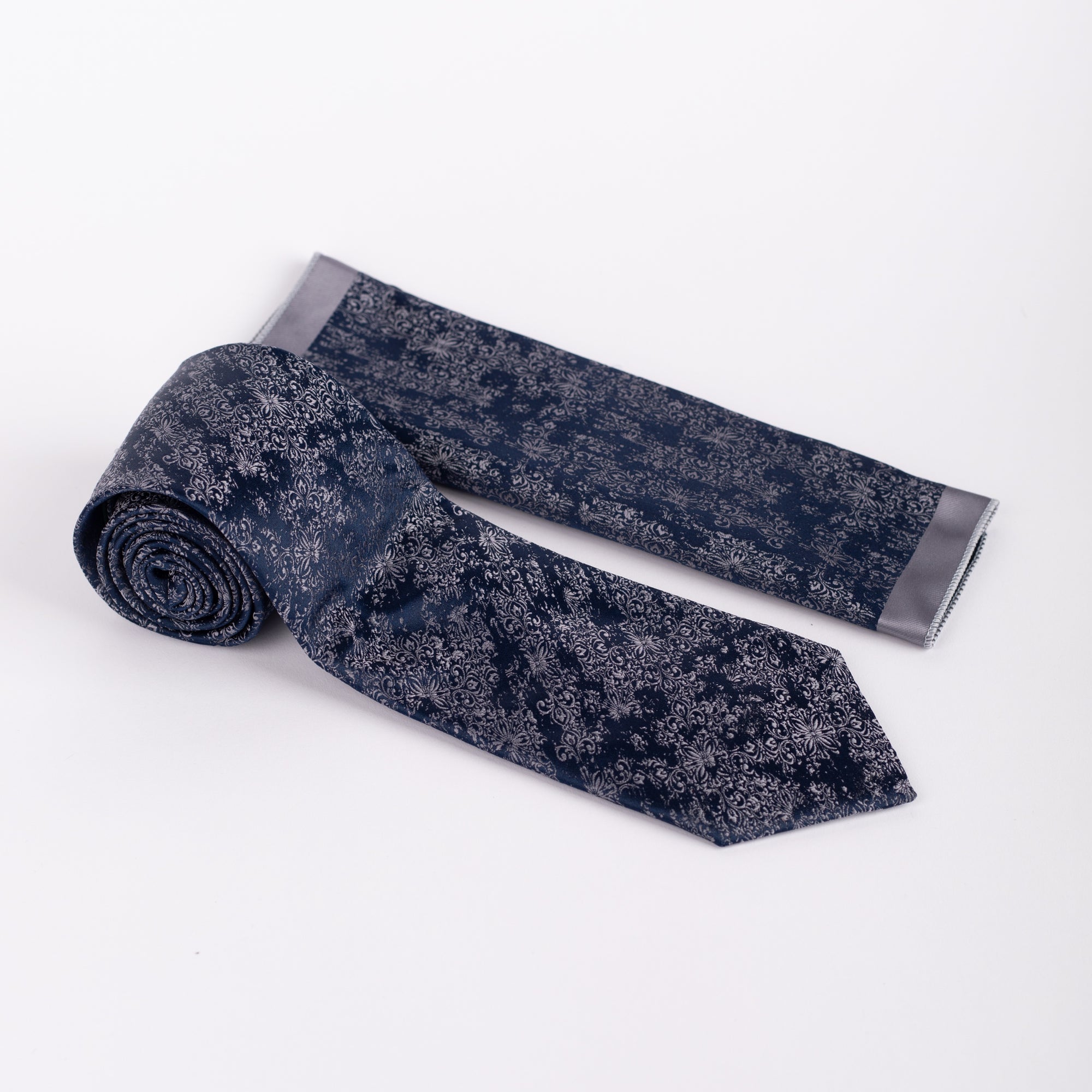 MC Floral - Tie & Pocket Square Set in Navy & Grey