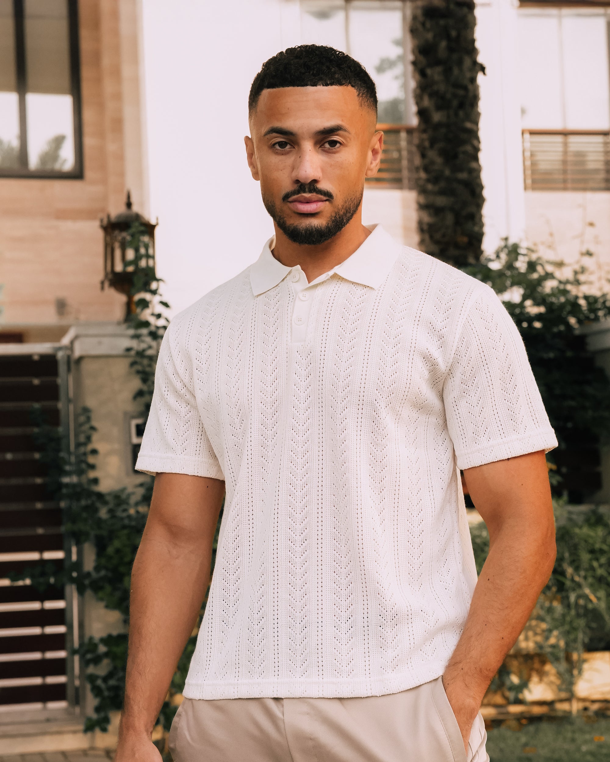 Open Knit Chevron Texture Polo Shirt