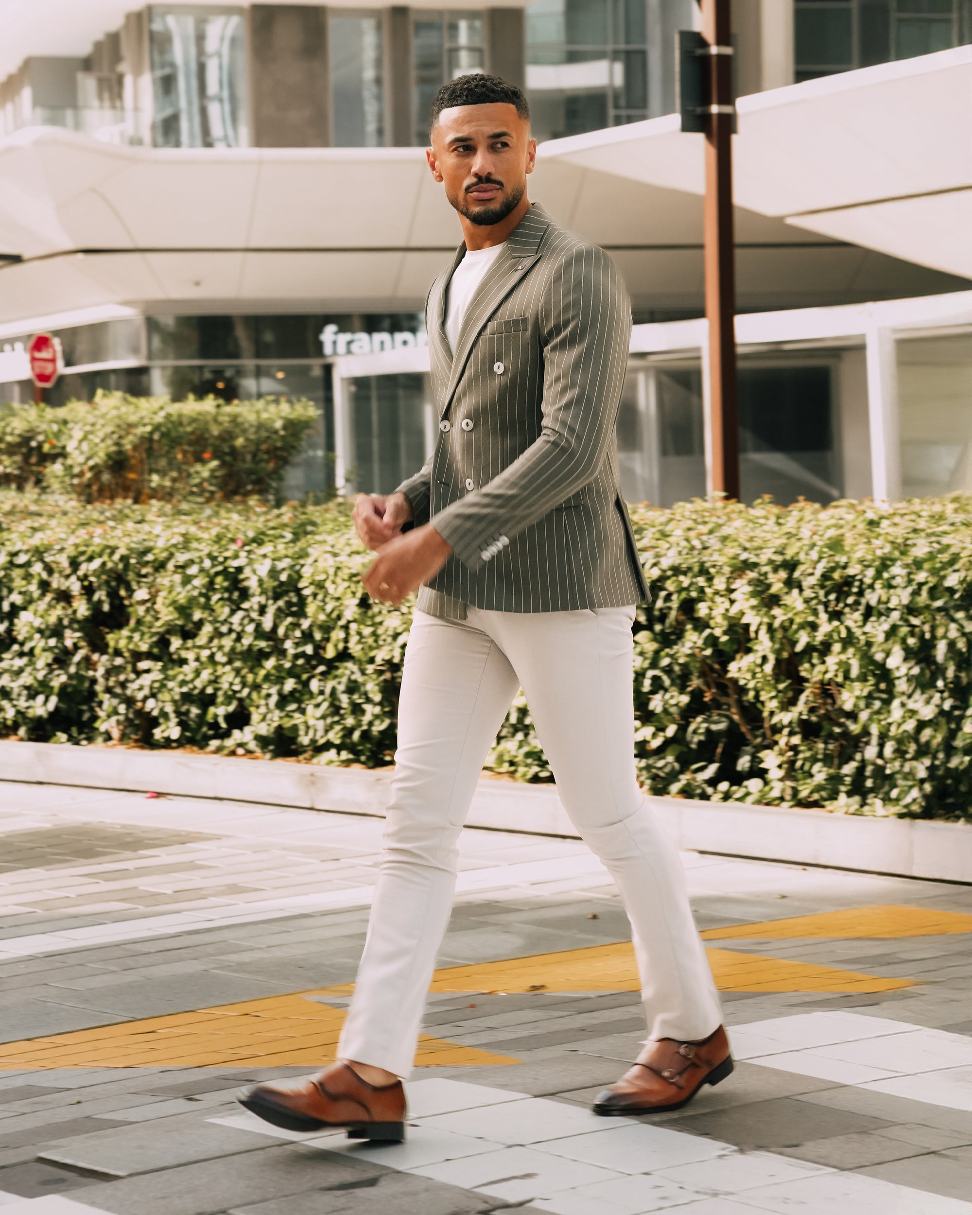 Owen Olive Green Pinstripe Double Breasted Blazer