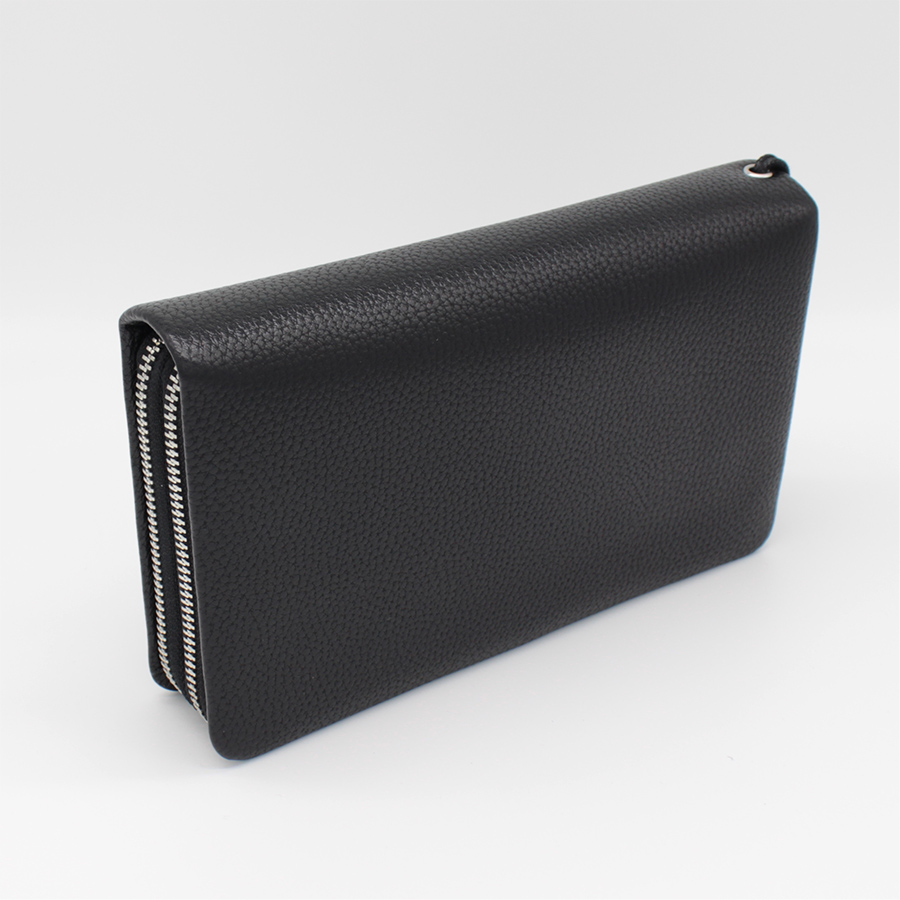 Men's Black Textured Leather Double-Zip Clutch Bag