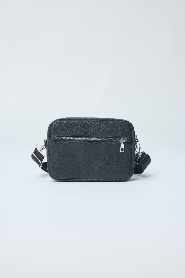 Men's Black Textured Leather Crossbody Bag with Front Zip Pocket