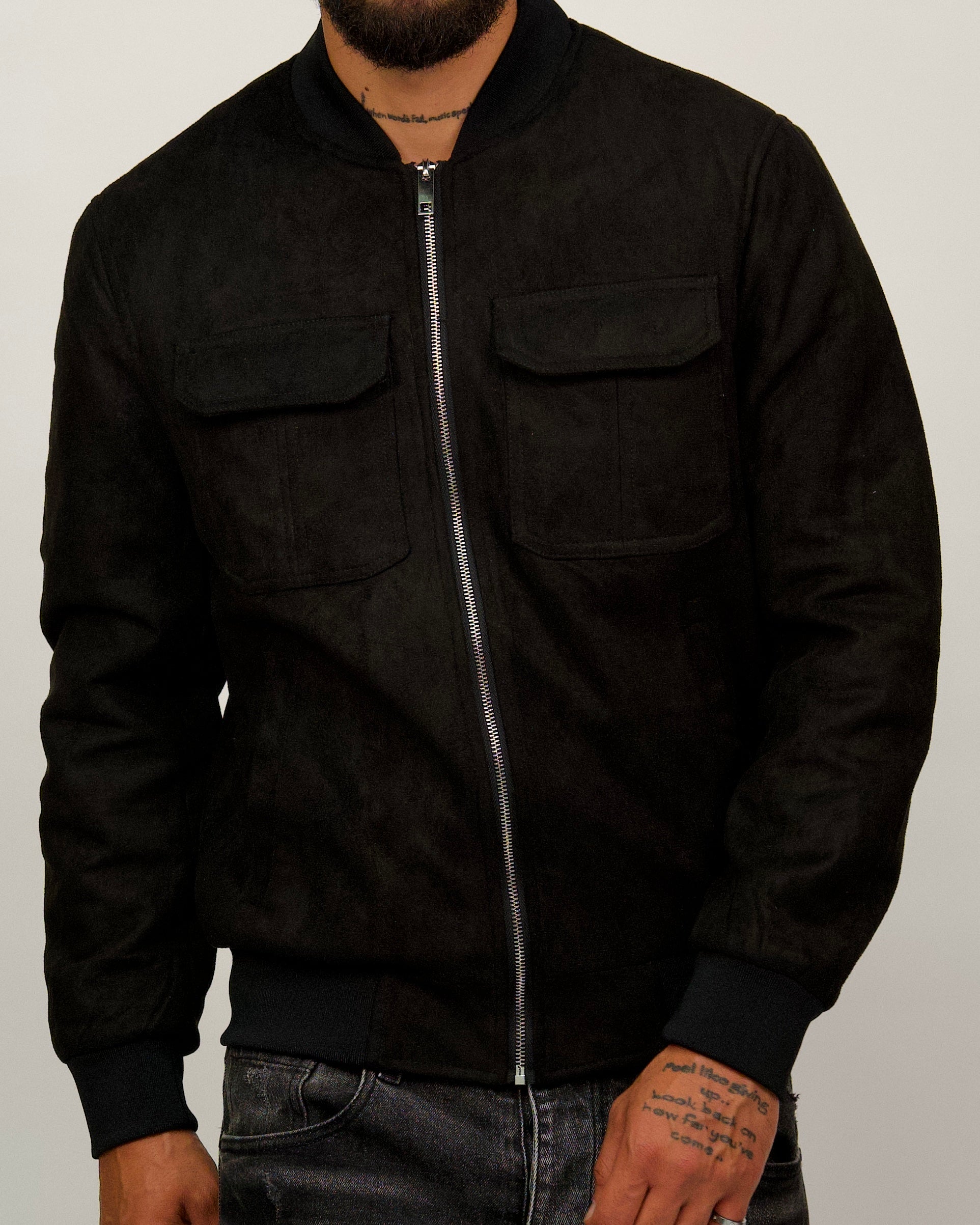 Suede Bomber Jacket with Utility Pockets