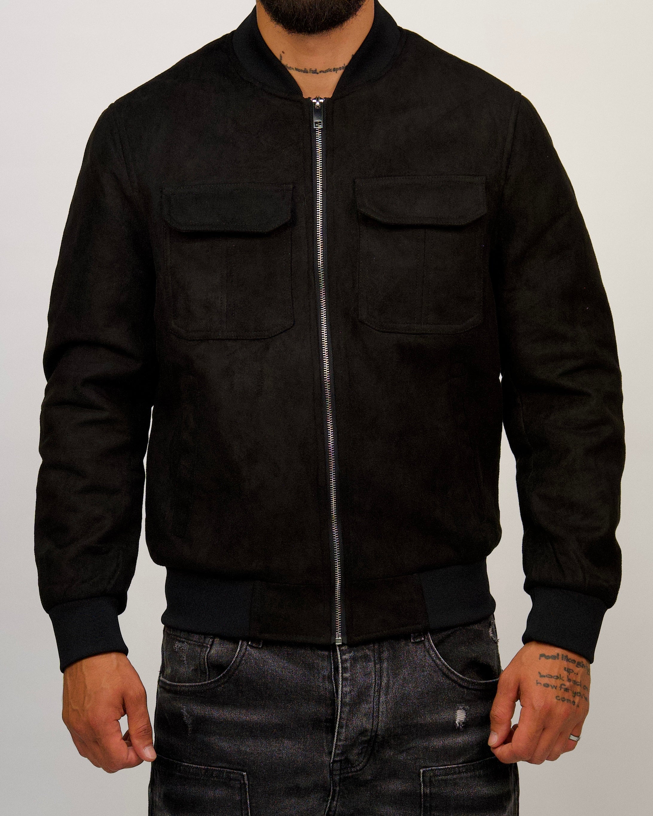 Suede Bomber Jacket with Utility Pockets