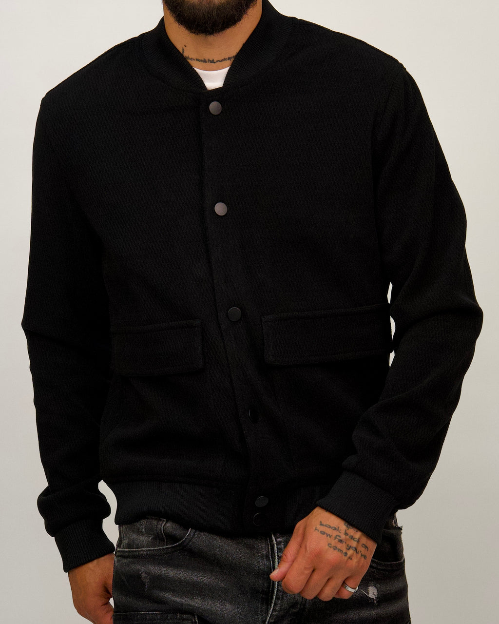 Textured Bomber Jacket with Snap Buttons