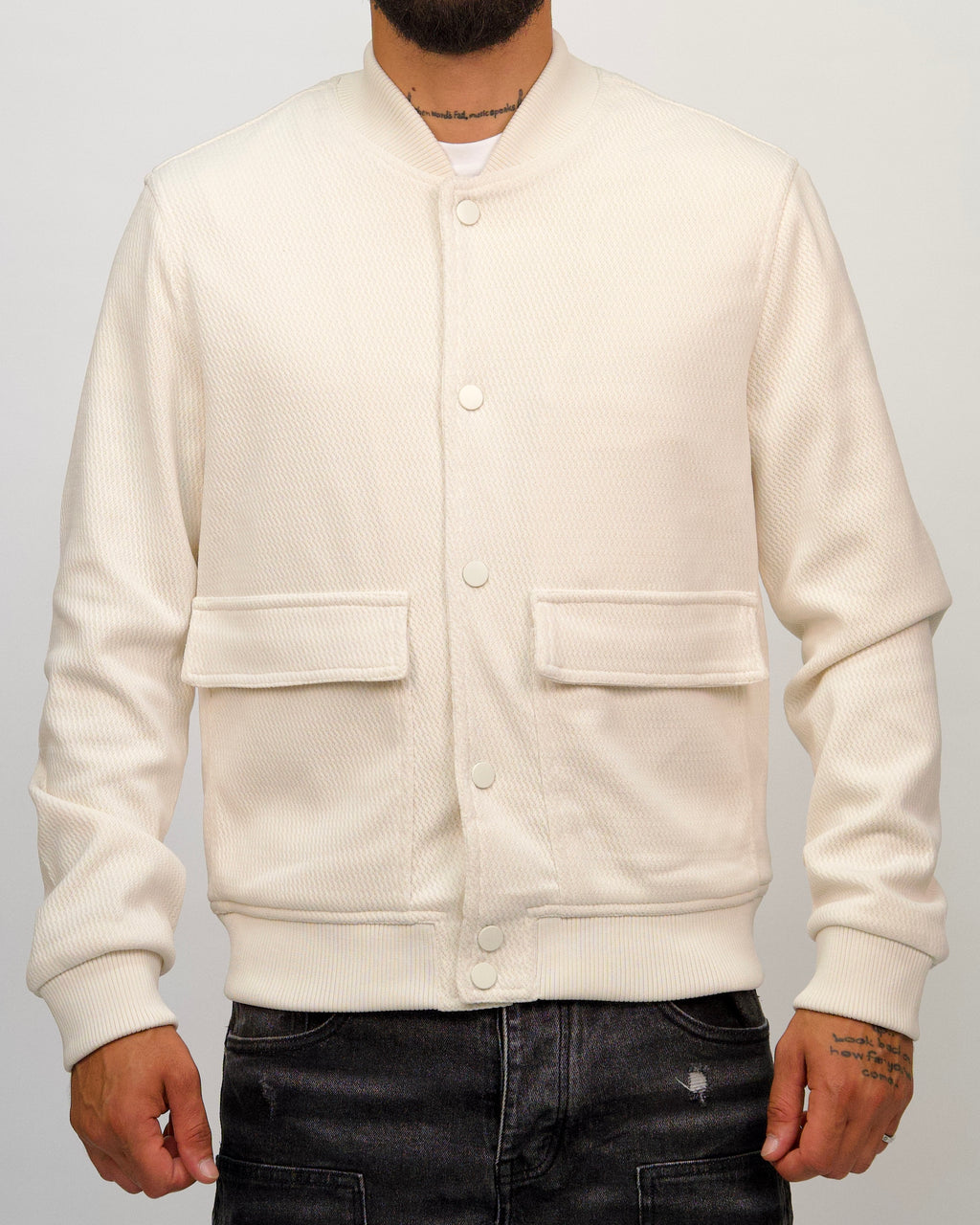 Textured Bomber Jacket with Snap Buttons