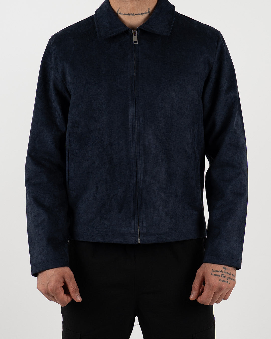 Navy Suede-Effect Zip-Up Jacket
