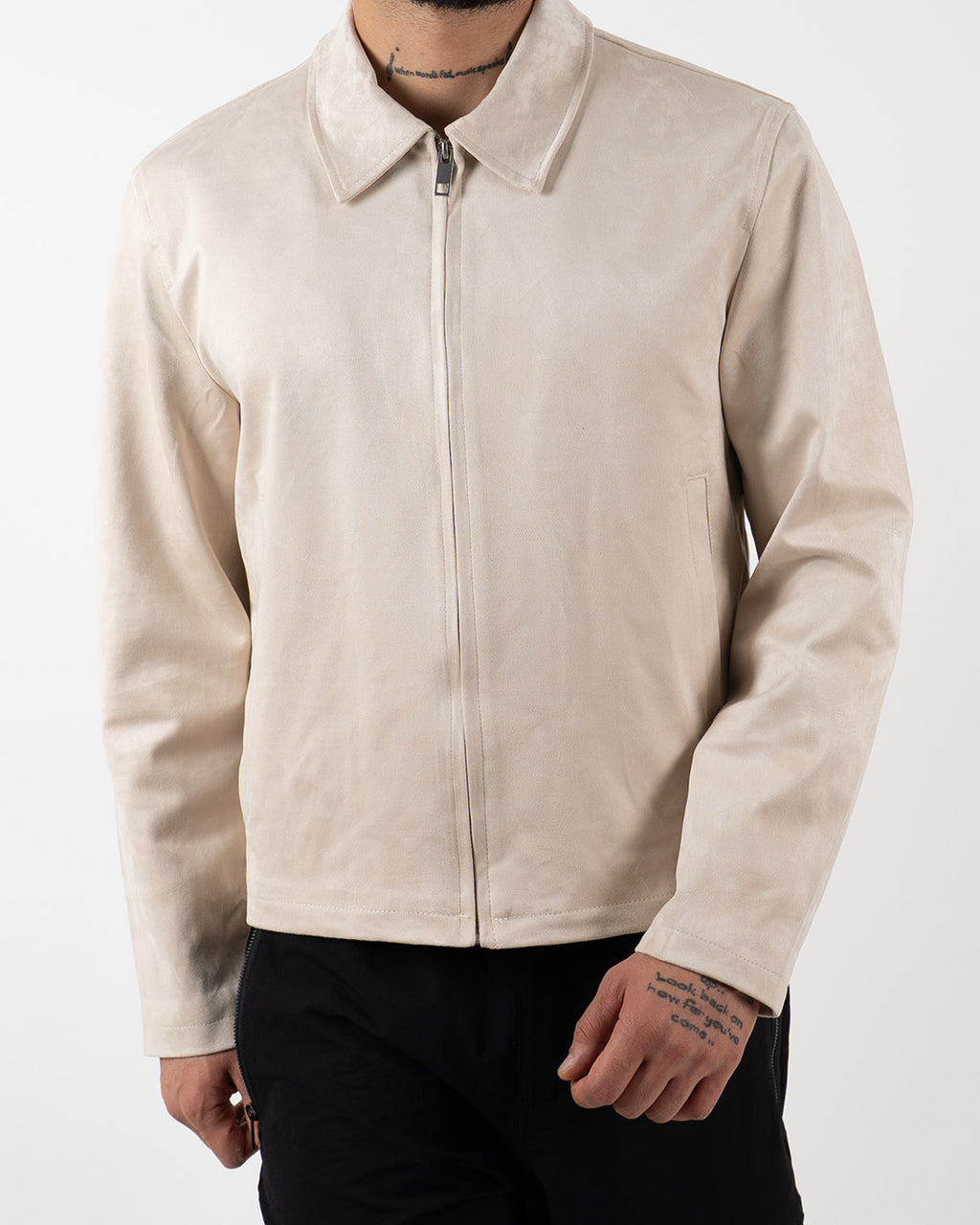 Beige Suede-Effect Zip-Up Jacket