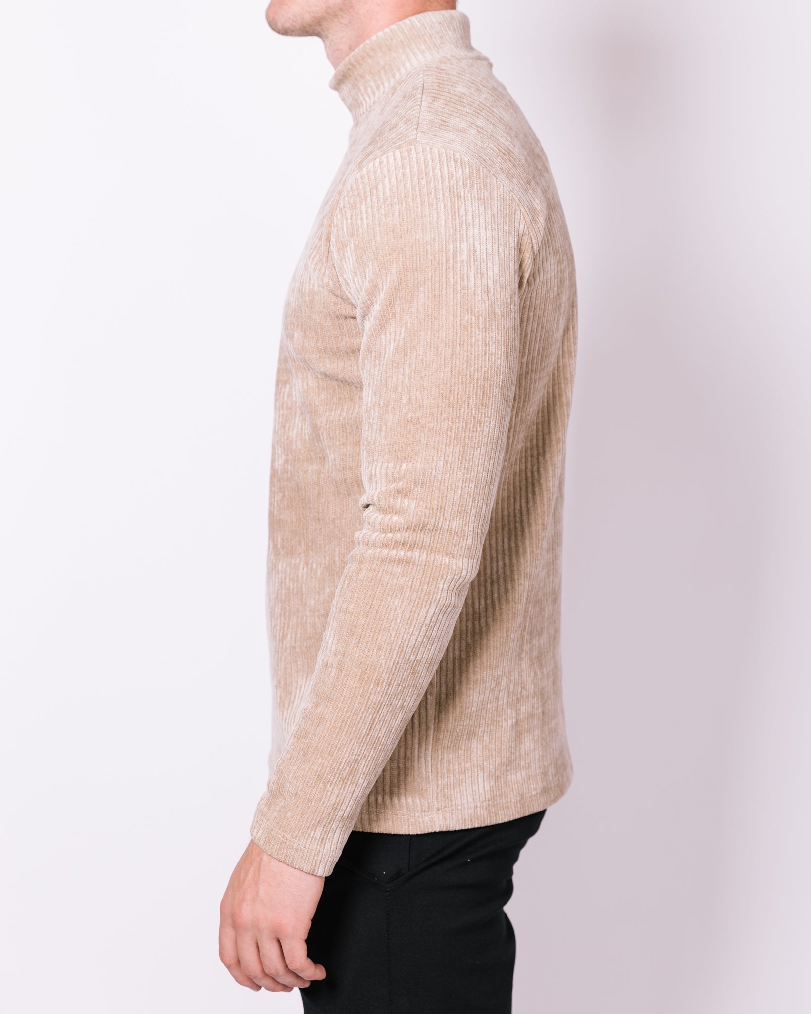 Beige Ribbed Mock Neck Sweater