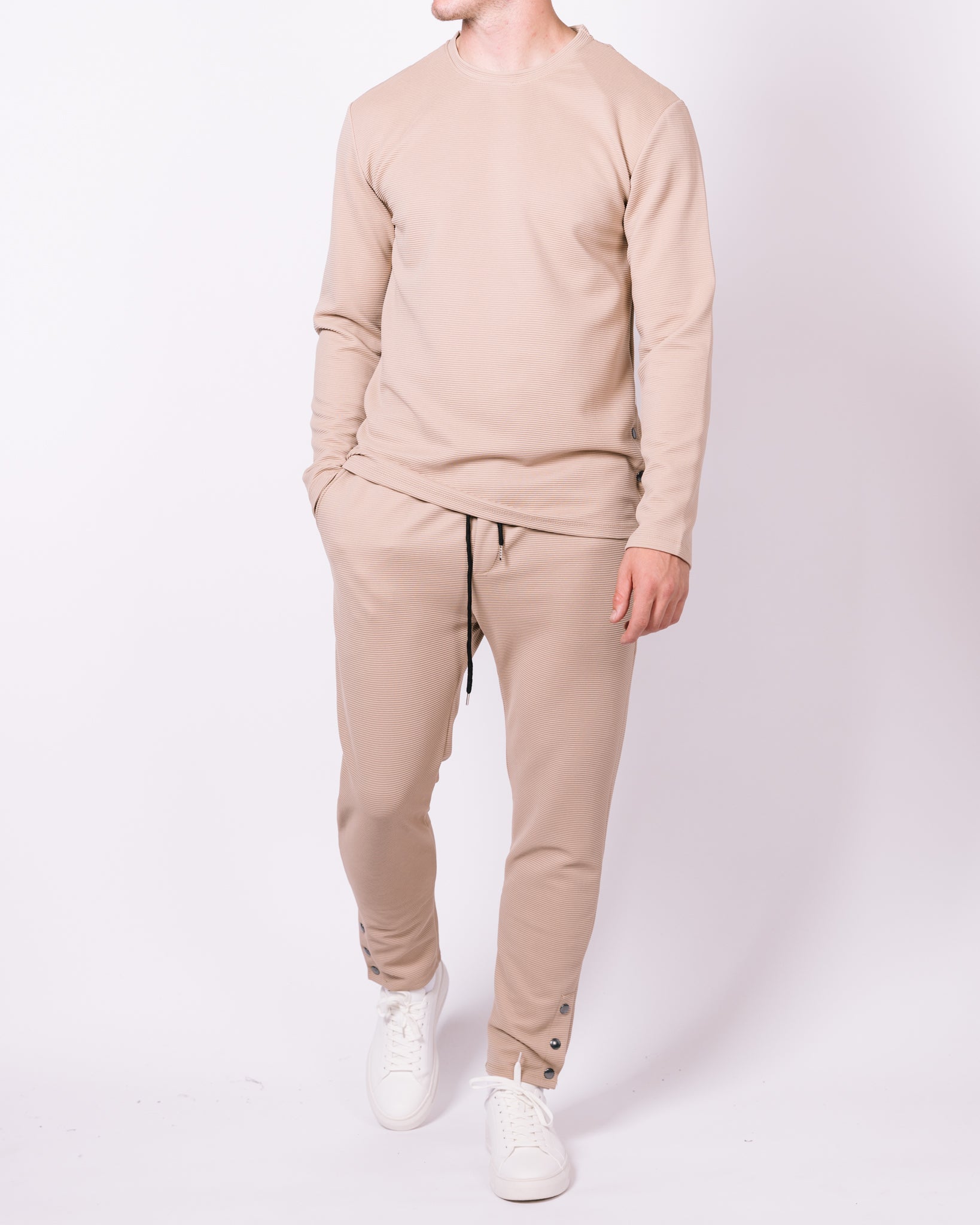 Beige Ribbed Button 2 Piece Set