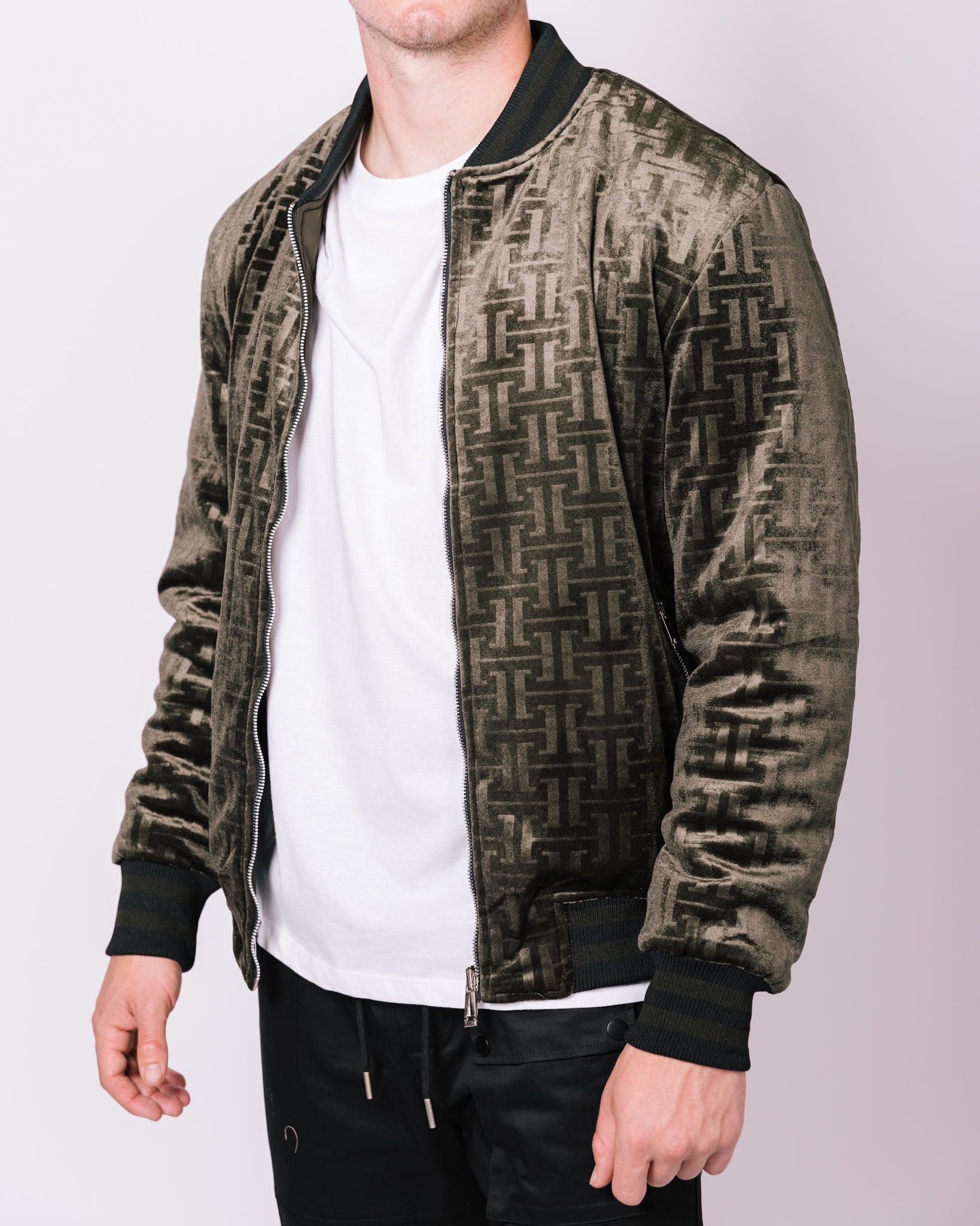 Khaki Patterned Velour Bomber
