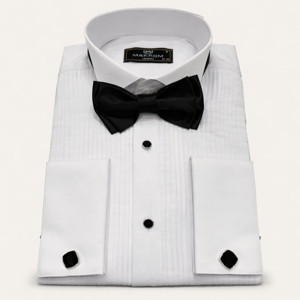 White Pleated Tuxedo Shirt with Bow Tie