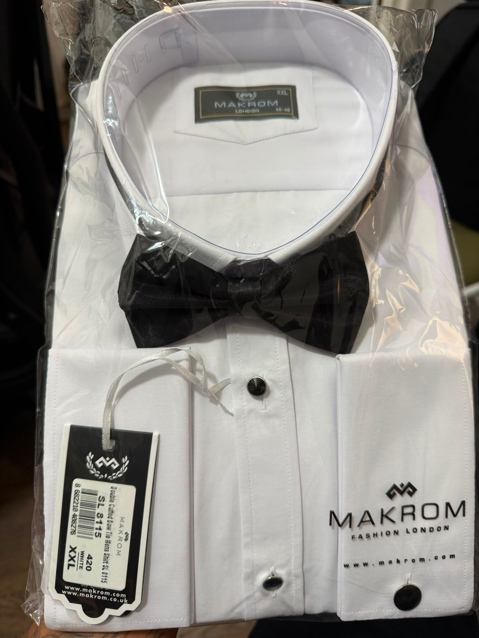 SL 8115 White Plain Tuxedo Shirt with Bow Tie