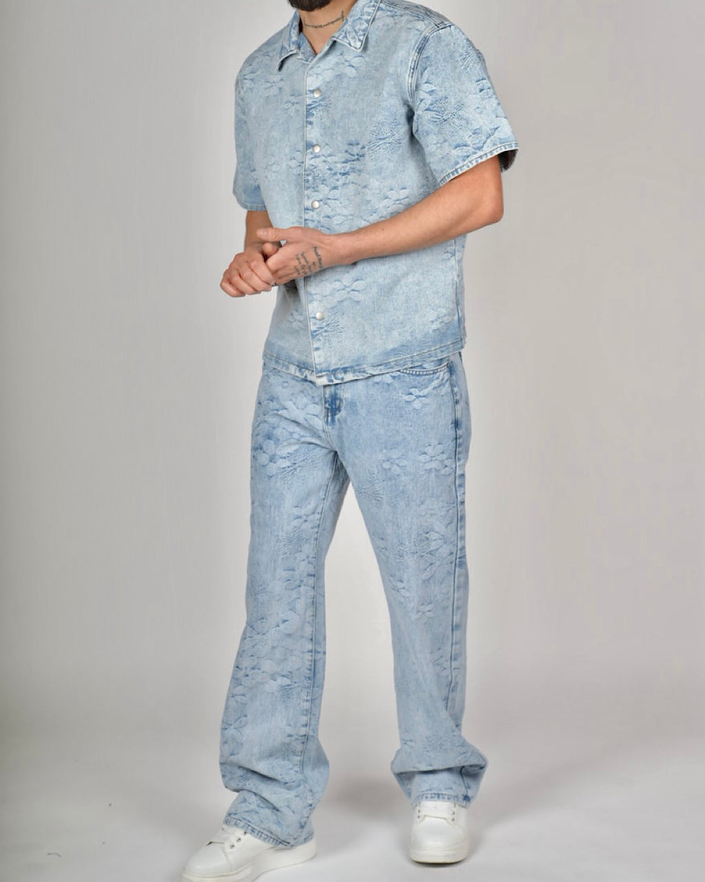 Light Blue Embossed Floral Denim Set