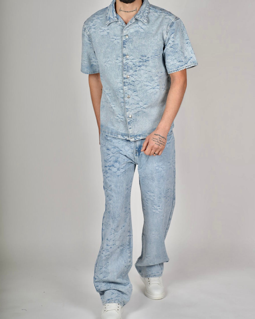 Light Blue Embossed Floral Denim Set