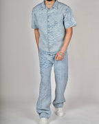 Light Blue Embossed Floral Denim Set