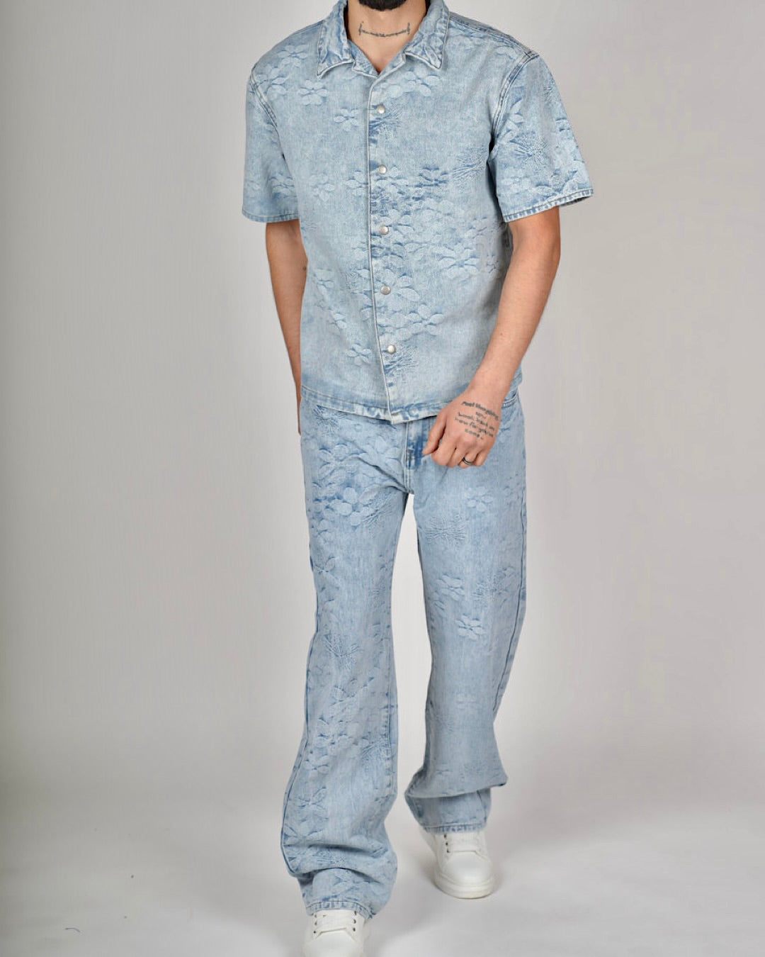 Light Blue Embossed Floral Denim Set