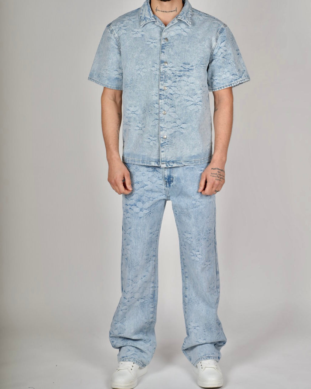 Light Blue Embossed Floral Denim Set