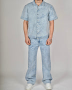 Light Blue Embossed Floral Denim Set