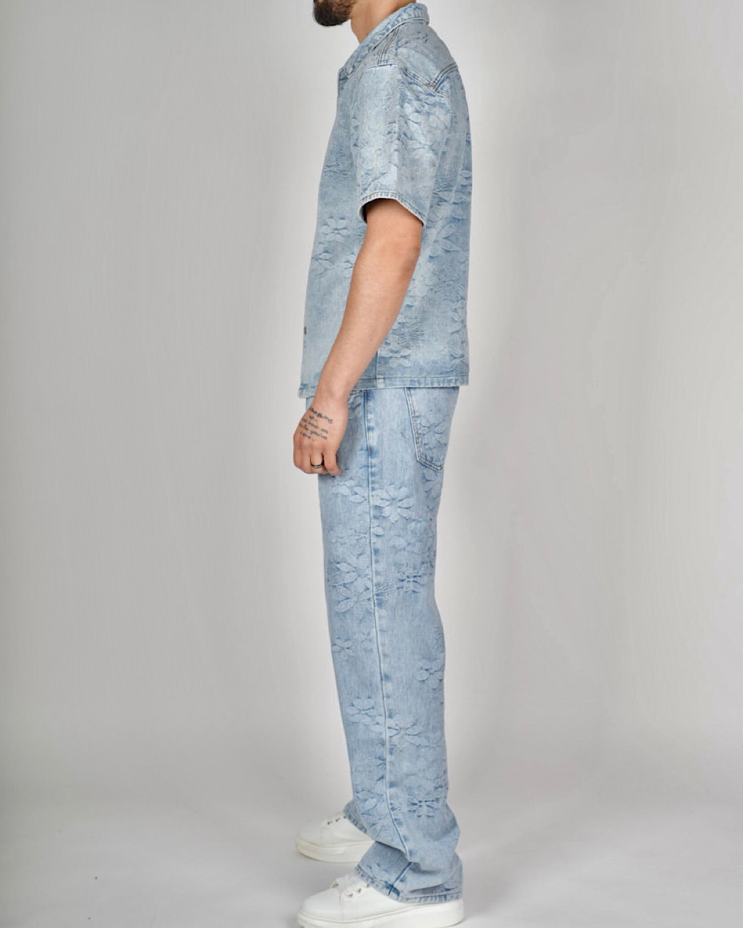 Light Blue Embossed Floral Denim Set