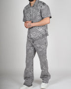 Grey Embossed Floral Denim Set