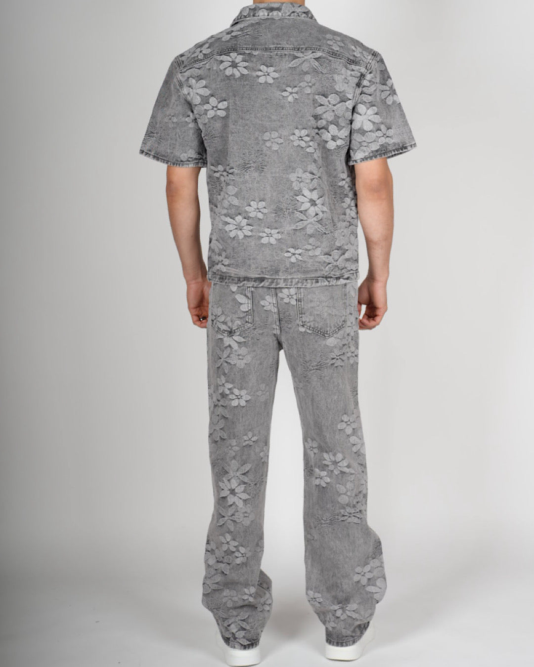 Grey Embossed Floral Denim Set