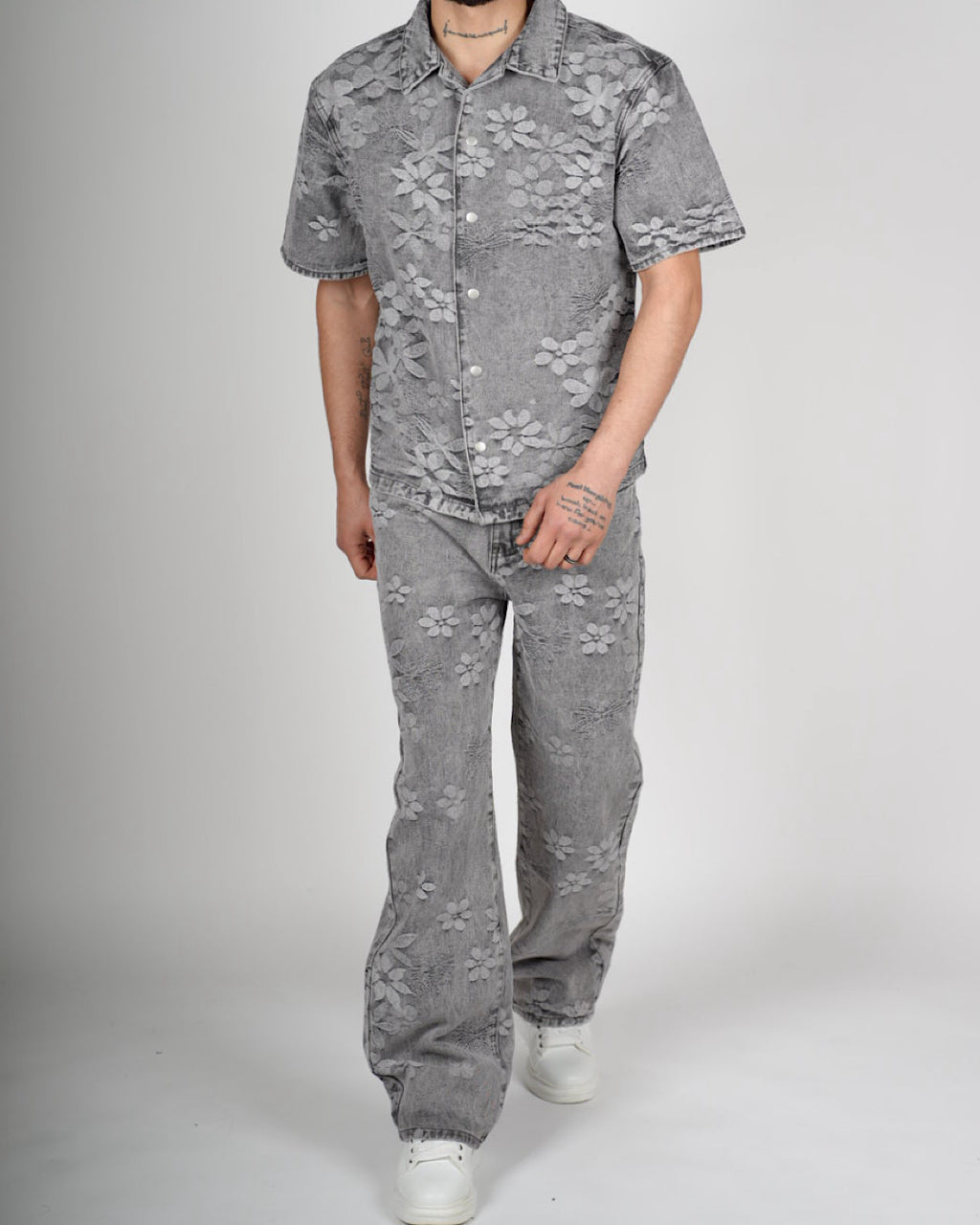 Grey Embossed Floral Denim Set