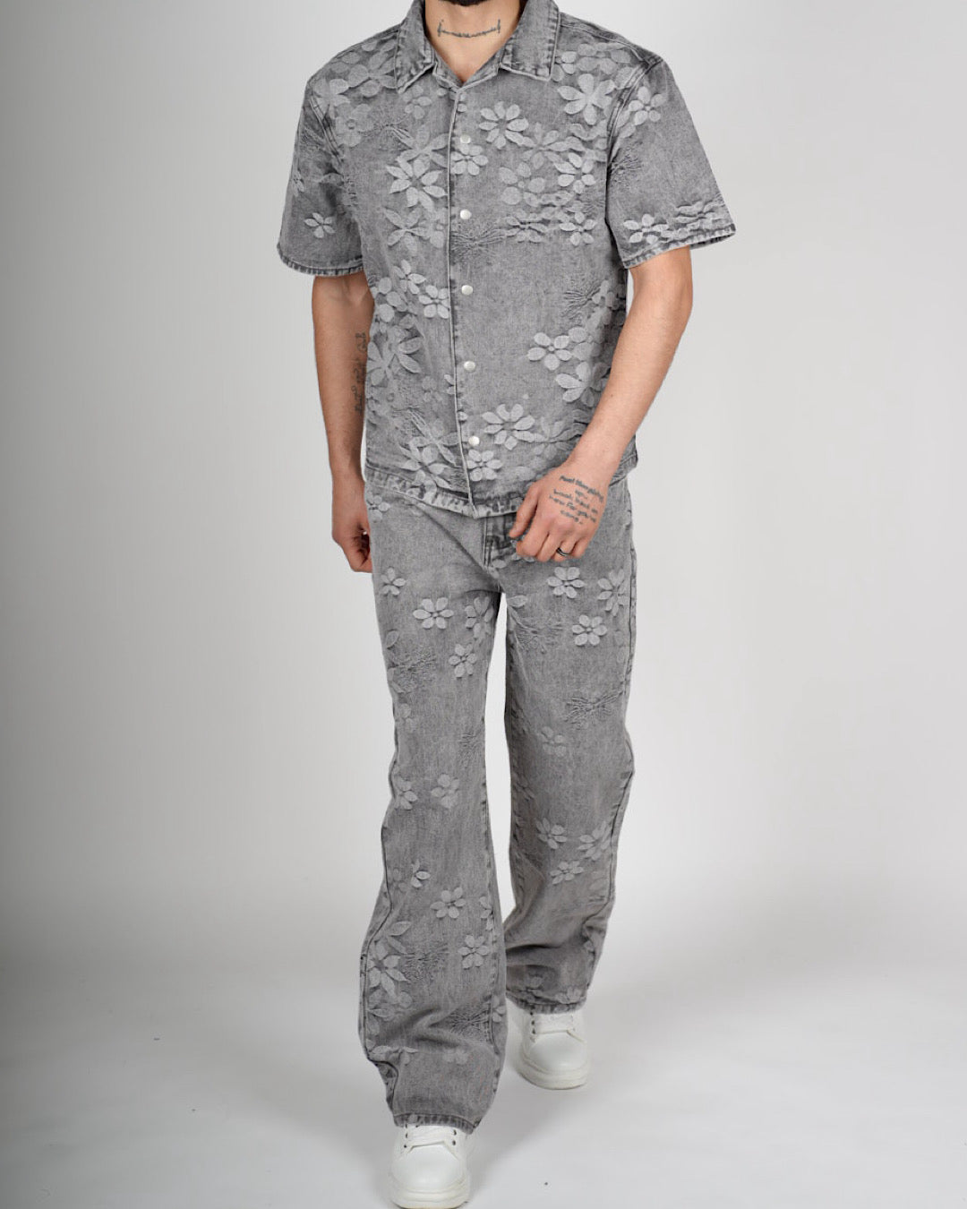 Grey Embossed Floral Denim Set