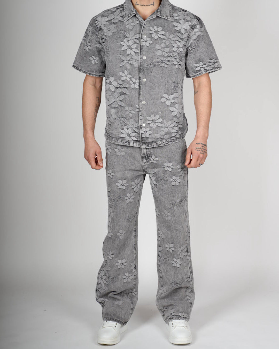 Grey Embossed Floral Denim Set