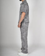 Grey Embossed Floral Denim Set
