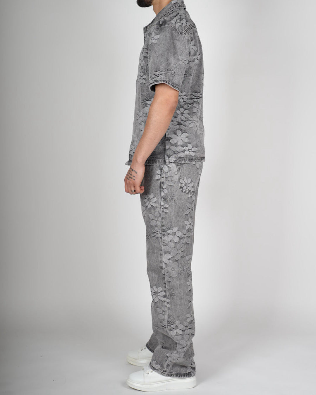 Grey Embossed Floral Denim Set