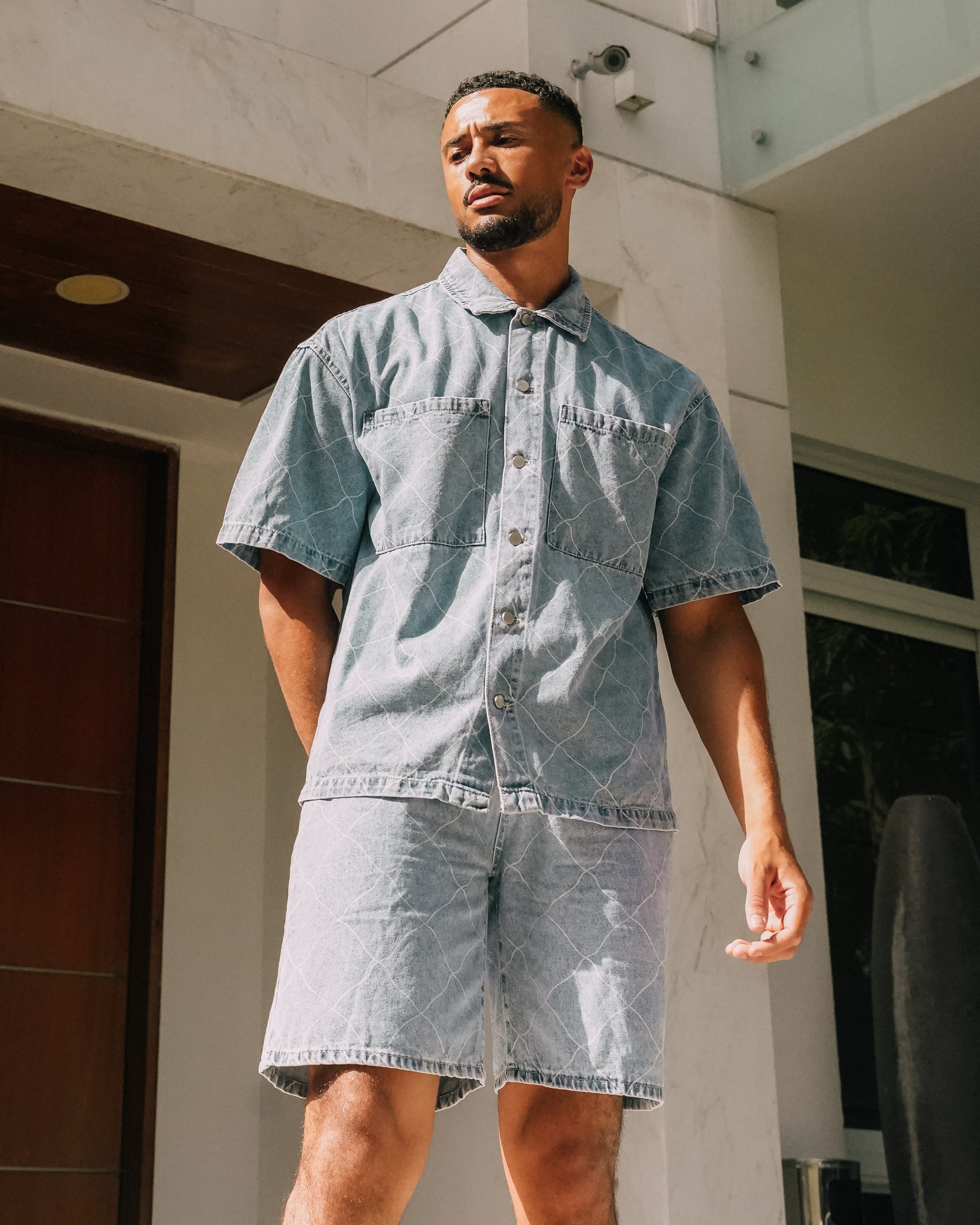 Wavy Stitch Detailing Denim Shirt and Shorts Set