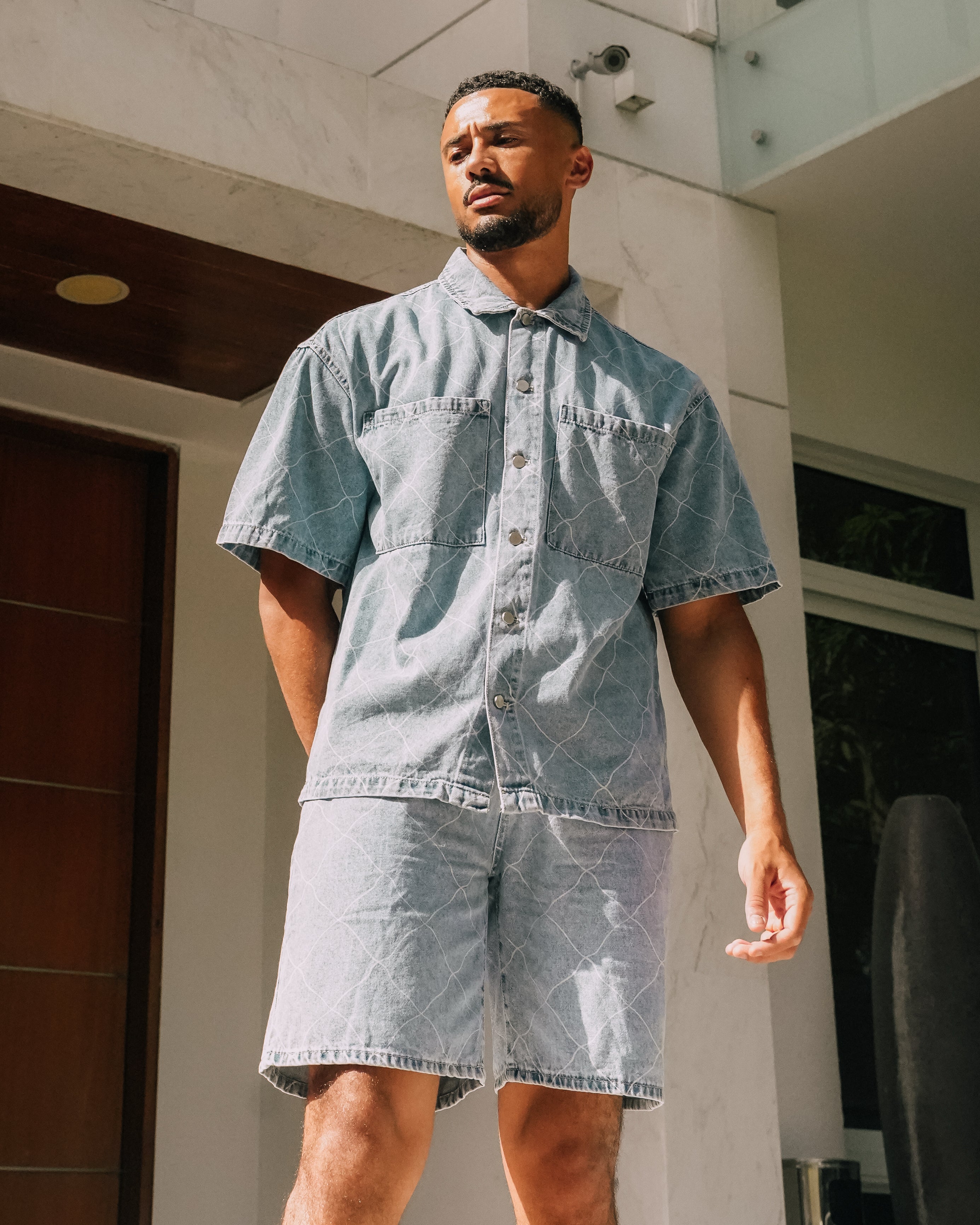 Wavy Stitch Detailing Denim Shirt and Shorts Set